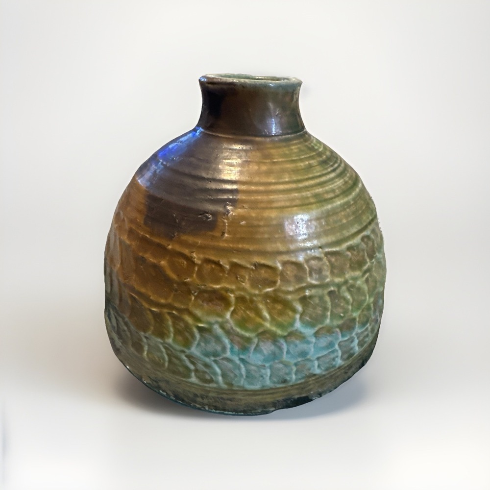 Studio Art Pottery Raku Glaze‎ Vintage Vase Hand Thrown Vessel Stoneware Signed